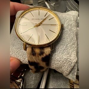 Michael Kors Pyper Watch MK-2928 w/ Leopard Calf Hair Band & Pave Hours